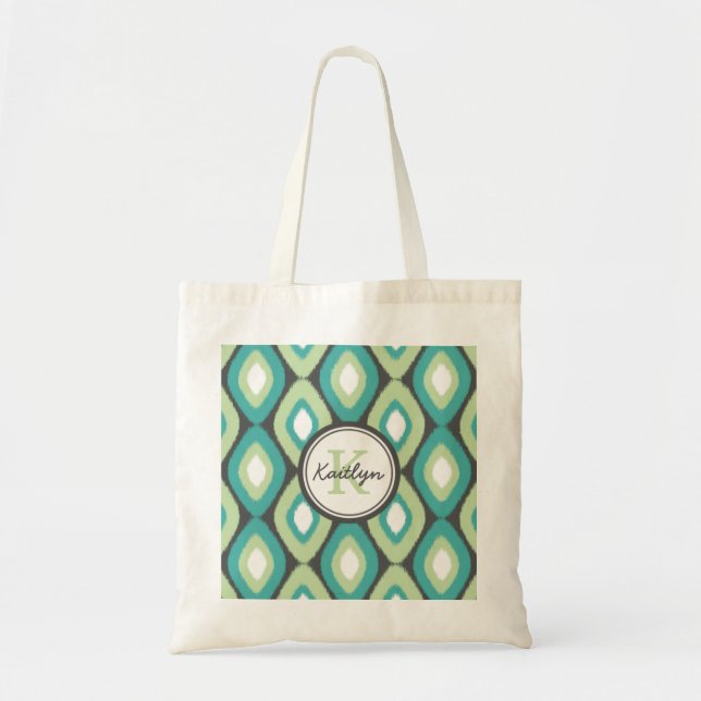 Monogram Ikat Diamonds Pattern Teal Mint Tote Bag (Front)