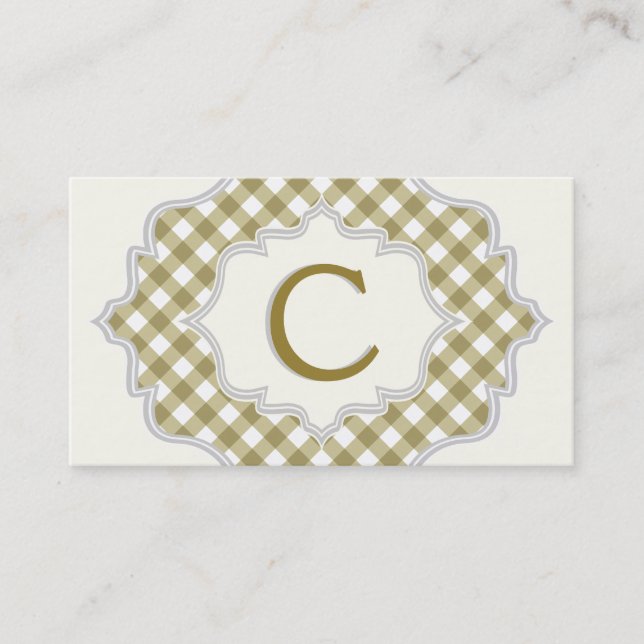 Monogram in a frame, olive green, white gingham business card (Front)