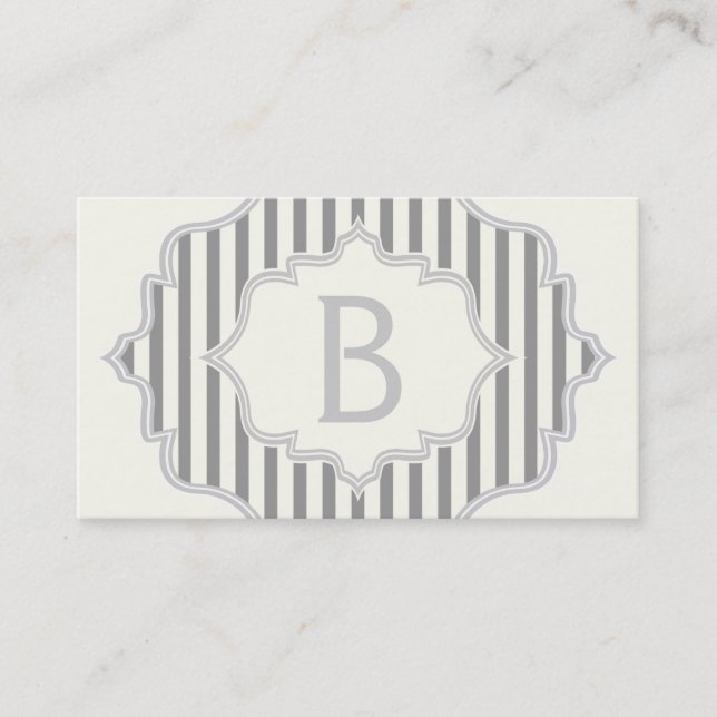Monogram in a frame with grey, white stripes business card (Front)