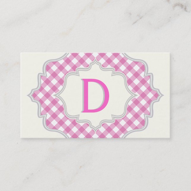 Monogram in a frame with pink, white gingham business card (Front)