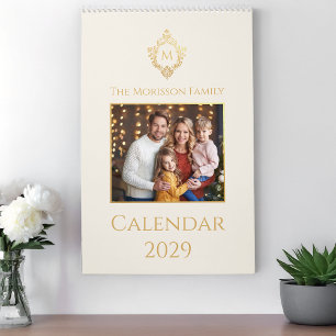 Monogram in Crest Elegant Family Photo Ivory Gold  Calendar