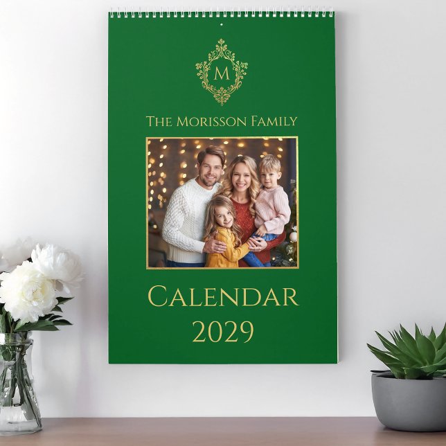 Monogram in Crest Green Gold Family Photo Elegant  Calendar (Creator Uploaded)