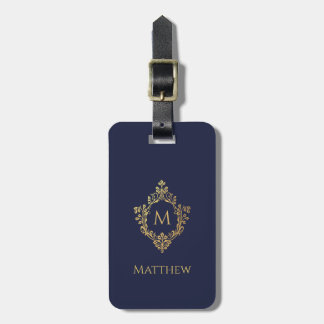 Monogram in Crest Navy Blue Elegant Faux Gold Foil Luggage Tag