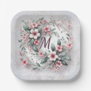 Monogram In Elegant Wedding Floral Wreath Paper Plate