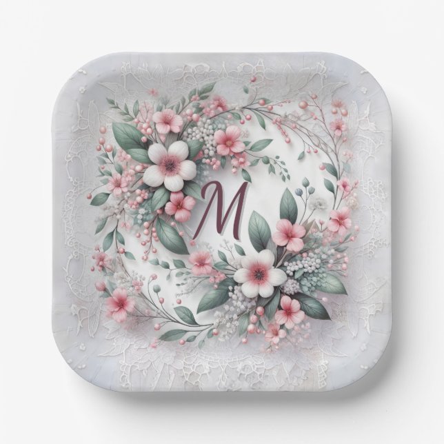 Monogram In Elegant Wedding Floral Wreath Paper Plate (Front)