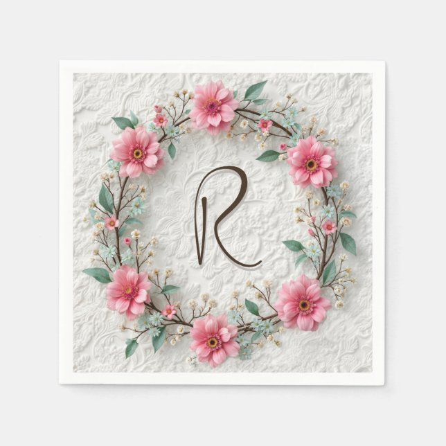 Monogram In Elegant Wreath On Lace Napkin (Front)