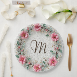 Monogram In Elegant Wreath On Lace Paper Plate