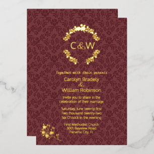 Monogram in Floral Wreath Wine Damask Wedding