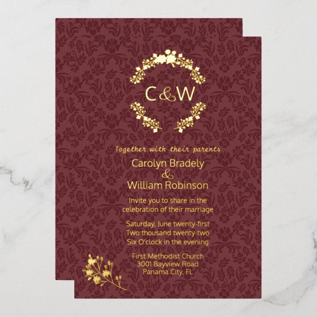 Monogram in Floral Wreath Wine Damask Wedding (Front/Back)