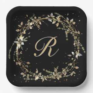 Monogram In Gold Glowing Wreath On Black  Paper Plate