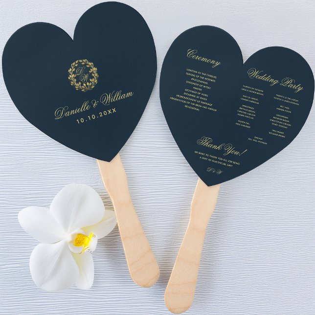 Monogram in Gold Wreath Blue Heart Wedding Program Hand Fan (Creator Uploaded)