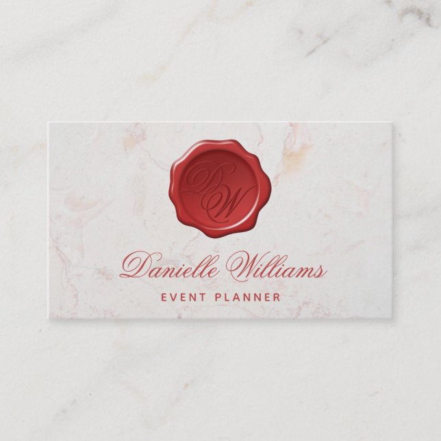 Monogram in Wax Seal on White Marble Red Script Business Card (Front)
