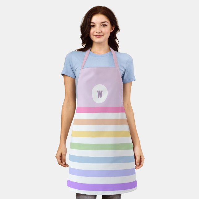 Monogram in White Circle Pastel Rainbow Stripes Apron (Worn)