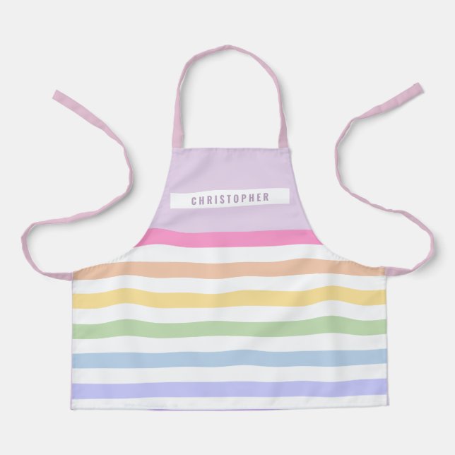 Monogram in White Circle Pastel Rainbow Stripes Apron (Front)