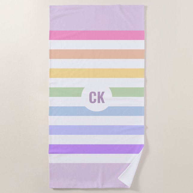 Monogram in White Circle Pastel Rainbow Stripes Beach Towel (Front)