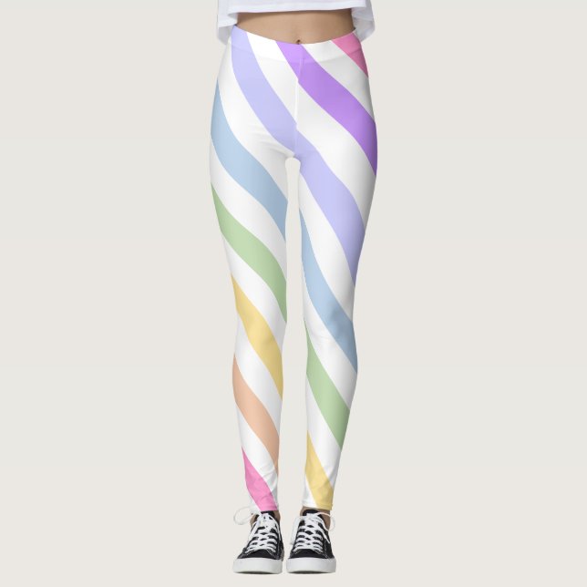 Monogram in White Circle Pastel Rainbow Stripes Leggings (Front)