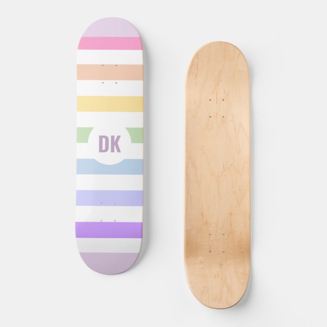 Monogram in White Circle Pastel Rainbow Stripes Skateboard (Front)