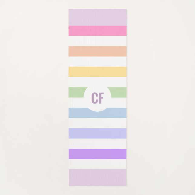 Monogram in White Circle Pastel Rainbow Stripes Yoga Mat (Front)