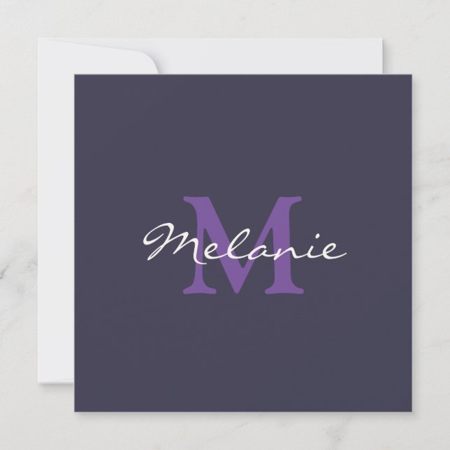 Monogram Indigo Blue and Lilac Purple Note Card (Front)