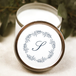 Monogram Indigo Blue Wreath Classic Script Wedding Classic Round Sticker