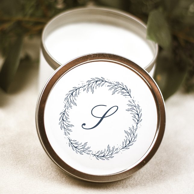 Monogram Indigo Blue Wreath Classic Script Wedding Classic Round Sticker (Creator Uploaded)