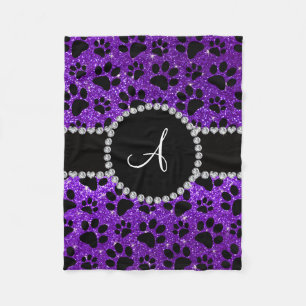 Monogram indigo purple glitter dog paws fleece blanket
