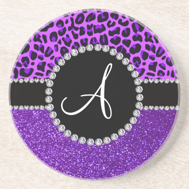 Monogram indigo purple glitter neon purple leopard coaster (Front)