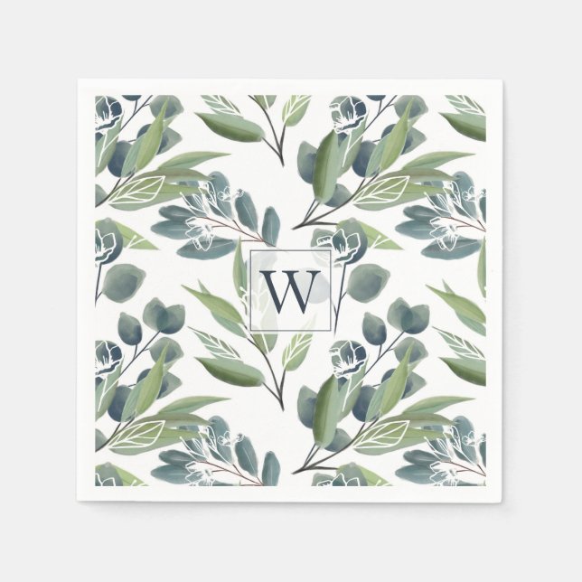 Monogram Inital Elegant Watercolor Winter Foliage Napkin (Front)