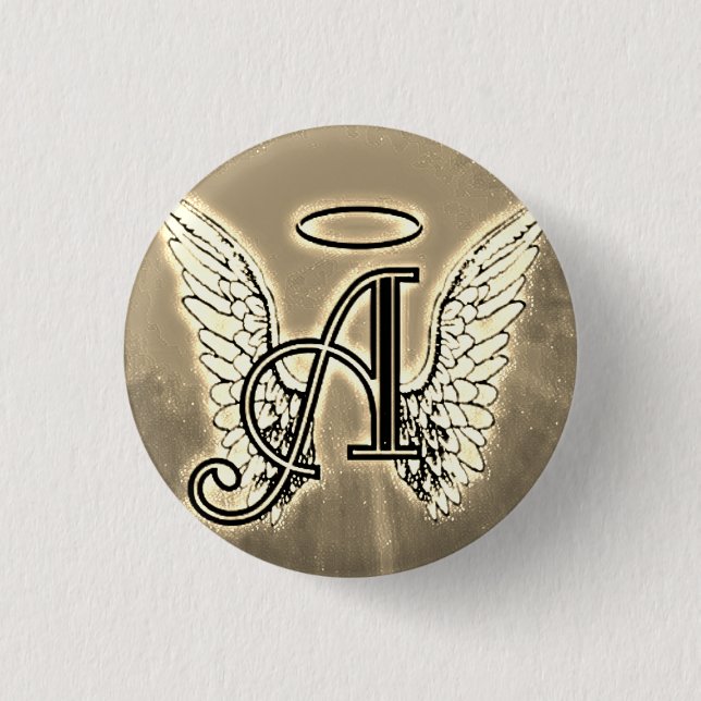 Monogram Initial A, Angel Wings Gold 3 Cm Round Badge (Front)