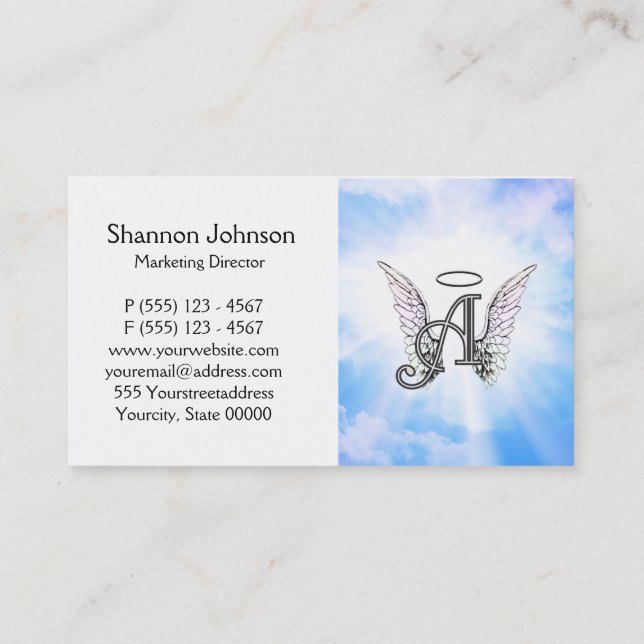 Monogram Initial A, Angel Wings & Halo w/ Clouds Business Card (Back)