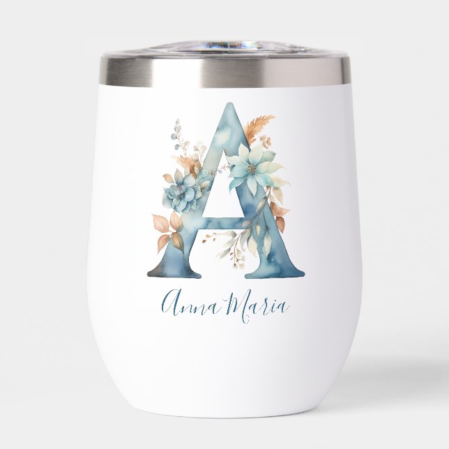 Monogram Initial A Blue Floral Watercolor Gift Her (Front)
