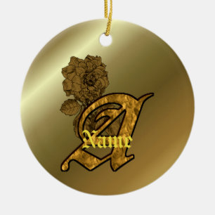 Monogram Initial A Elegant Gold Peony Personalised Ceramic Tree Decoration