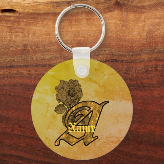 Monogram Initial A Elegant Gold Peony Personalised Key Ring (Front)