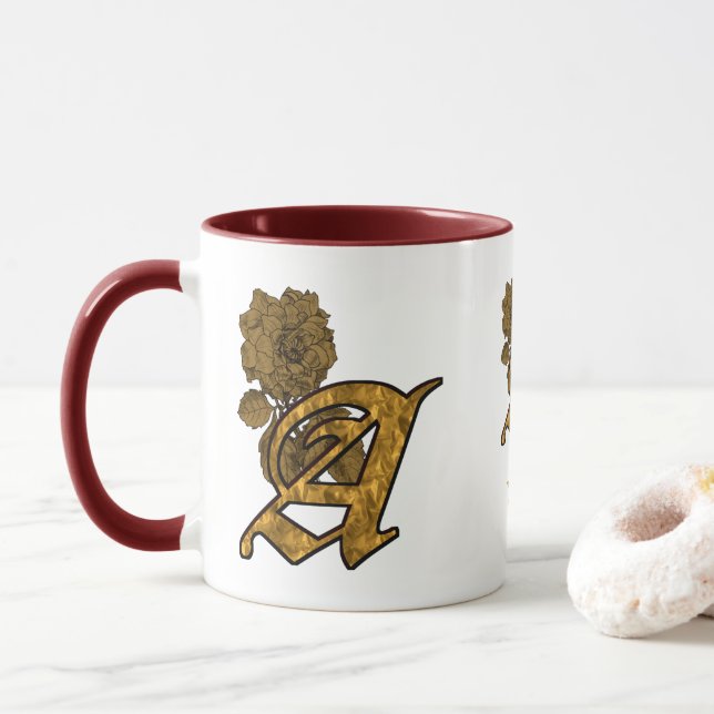 Monogram Initial A Elegant Gold Peony Personalised Mug (With Donut)