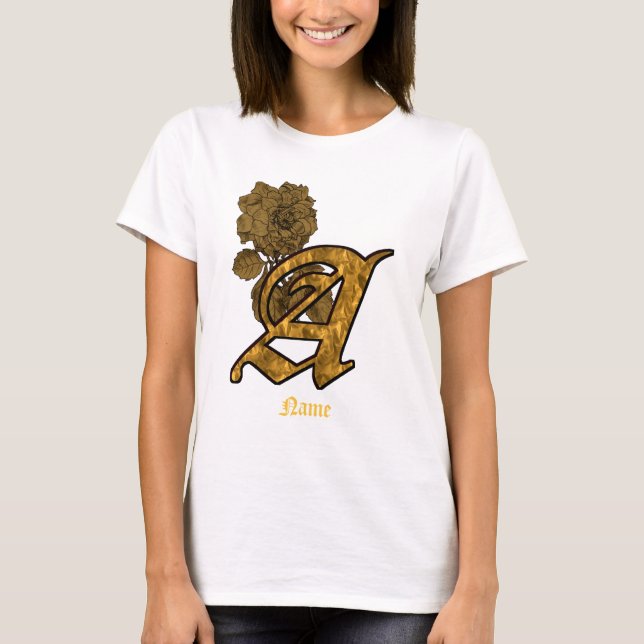 Monogram Initial A Gold Peony Flower Personalised T-Shirt (Front)