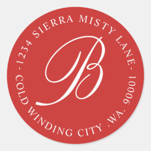 Monogram Initial Address or Wedding Red Classic Round Sticker
