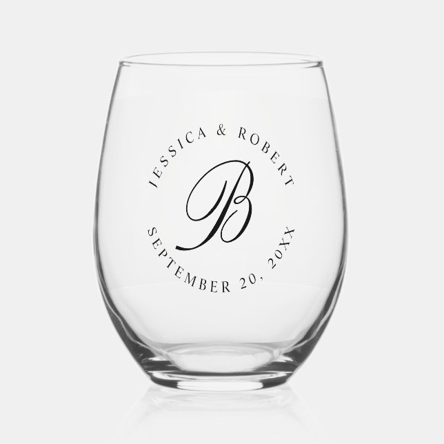 Monogram Initial Address or Wedding Stemless Wine Glass (Front)