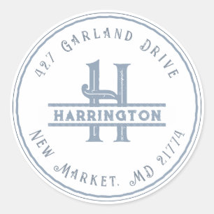 Monogram Initial Address Personalised Grunge Blue Classic Round Sticker