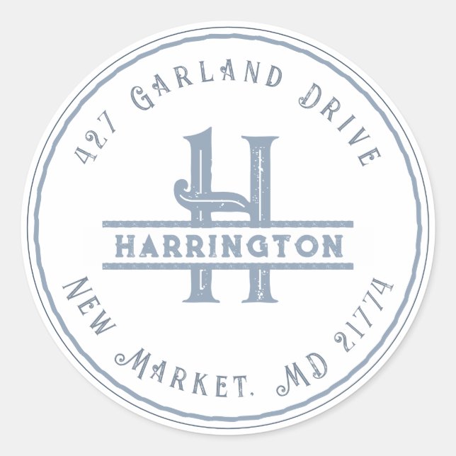 Monogram Initial Address Personalised Grunge Blue Classic Round Sticker (Front)