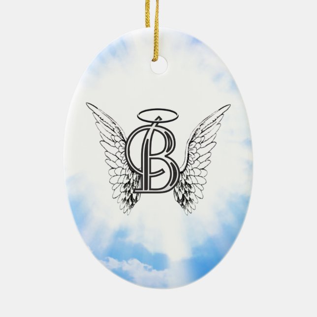 Monogram initial B alphabet letter with angel wing Ceramic Tree Decoration (Back)