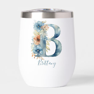 Monogram Initial B Blue Floral Watercolor Gift Her