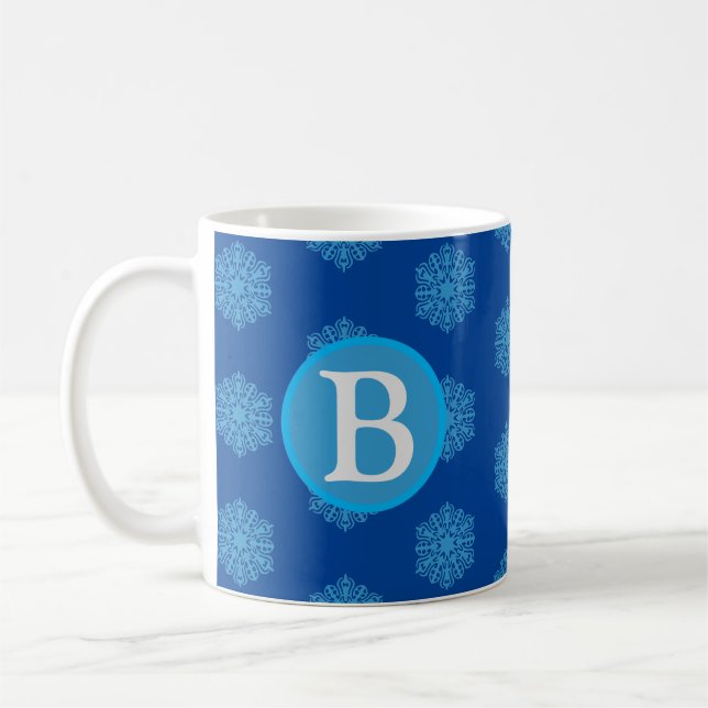 Monogram Initial "B" Blue Snowflakes Coffee Mug (Left)