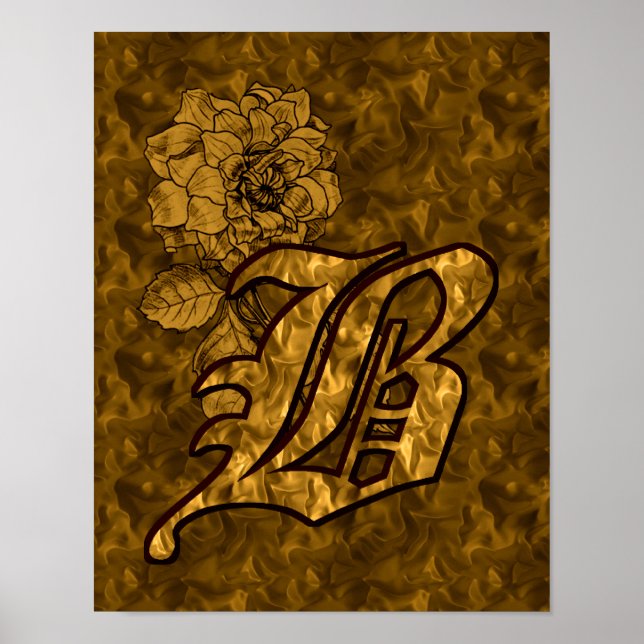 Monogram Initial B Elegant Gold Peony Flower Poster (Front)