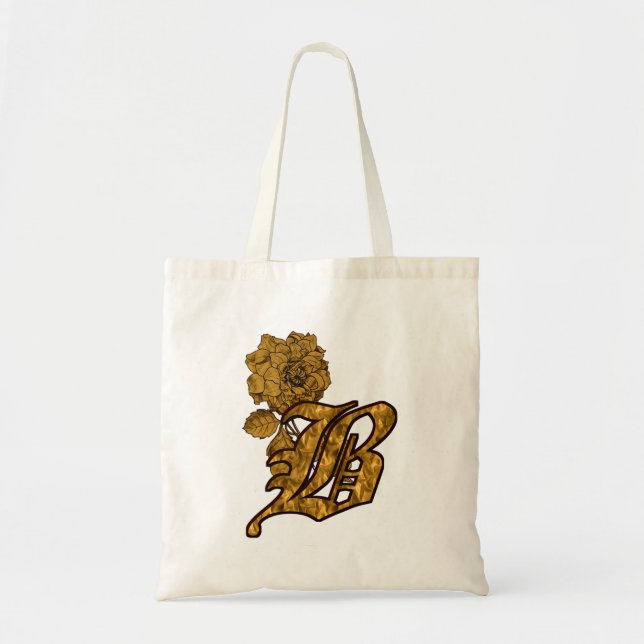 Monogram Initial B Elegant Gold Peony Flower Tote Bag (Front)