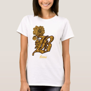 Monogram Initial B Gold Peony Flower Personalised T-Shirt