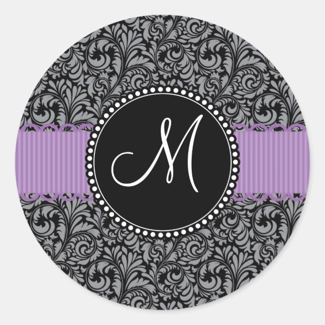 Monogram Initial Black Floral Damask Purple Ribbon Classic Round Sticker (Front)