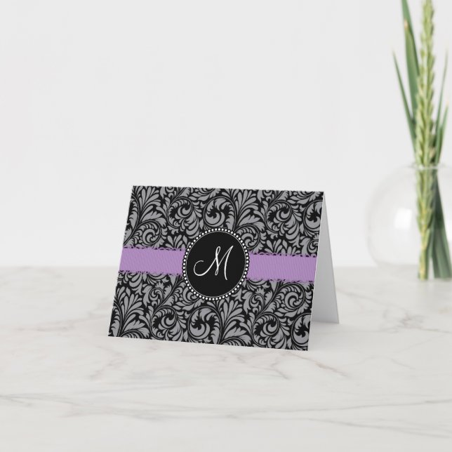 Monogram Initial Black Floral Damask Purple Ribbon Note Card (Front)