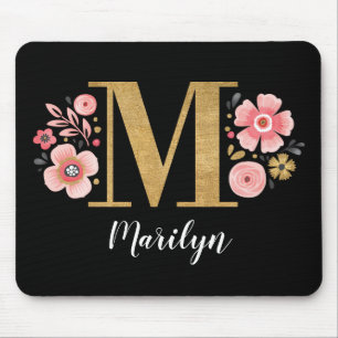 Monogram Initial Black Floral Mouse Mat