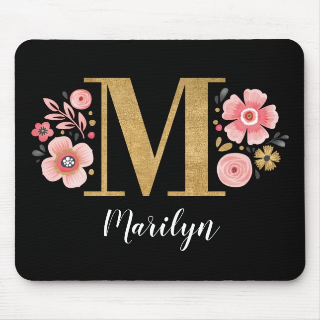 Monogram Initial Black Floral Mouse Mat (Front)