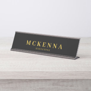 Monogram Initial Black Gold Executive Employee  Desk Name Plate